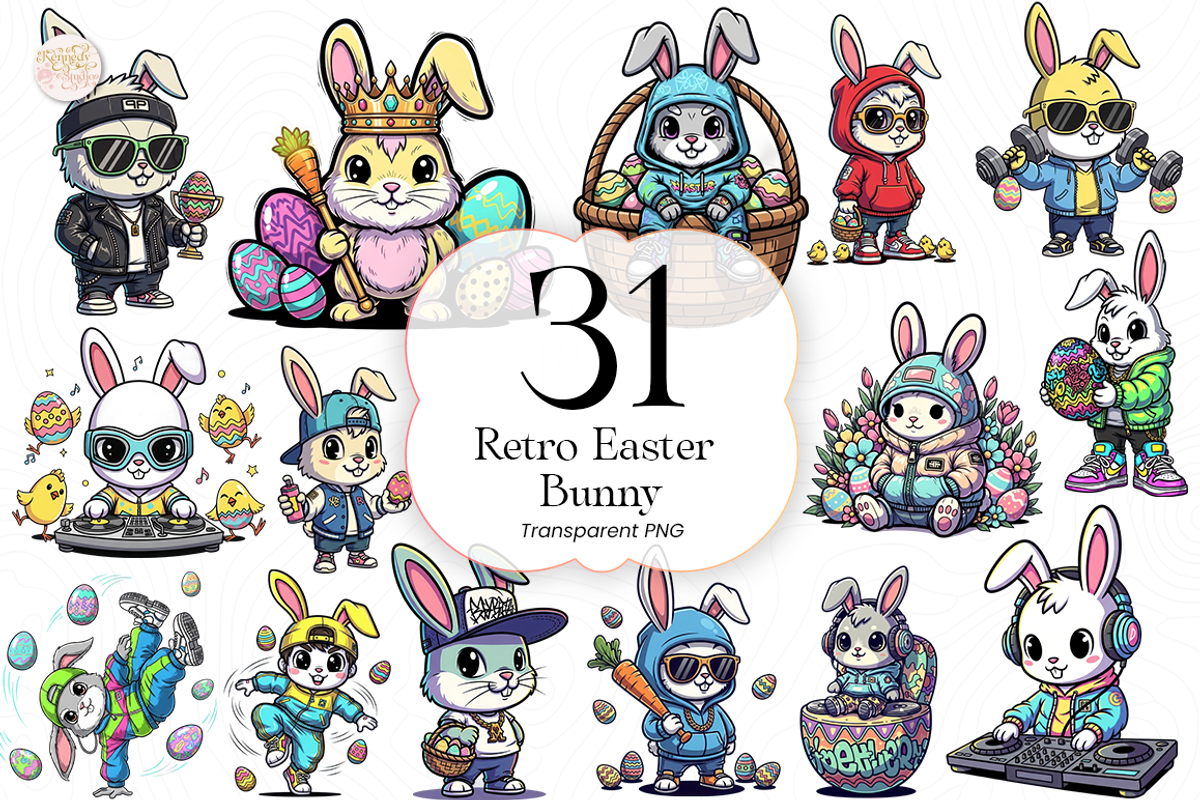 Retro Easter Bunny PNG Clipart., an Animal Illustration by KennedyStudio (Photo 1 of 4)