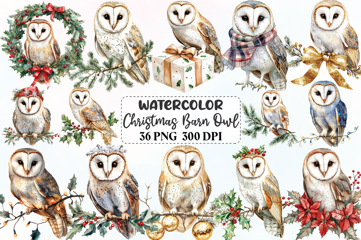 Christmas Barn Owl Clipart, an Illustration by CraftArtStudio (Photo 1 of 6)