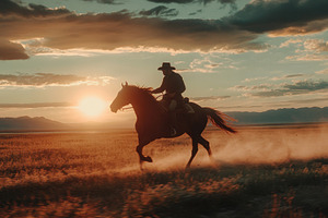 Cowboy riding a horse across a field, a Photo by Iftikhar Alam