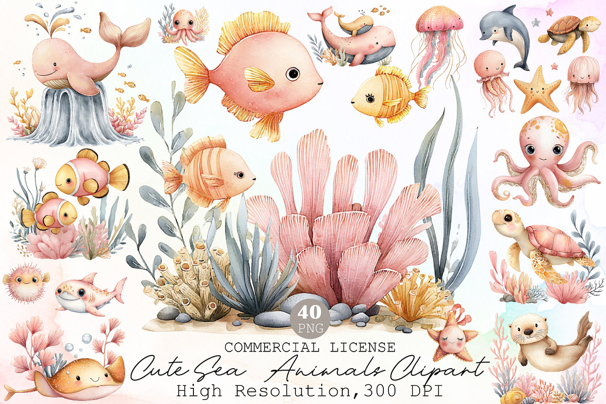 Cute Sea Animals Watercolor Clipart, an Illustration by Sublimation Artist (Photo 1 of 6)