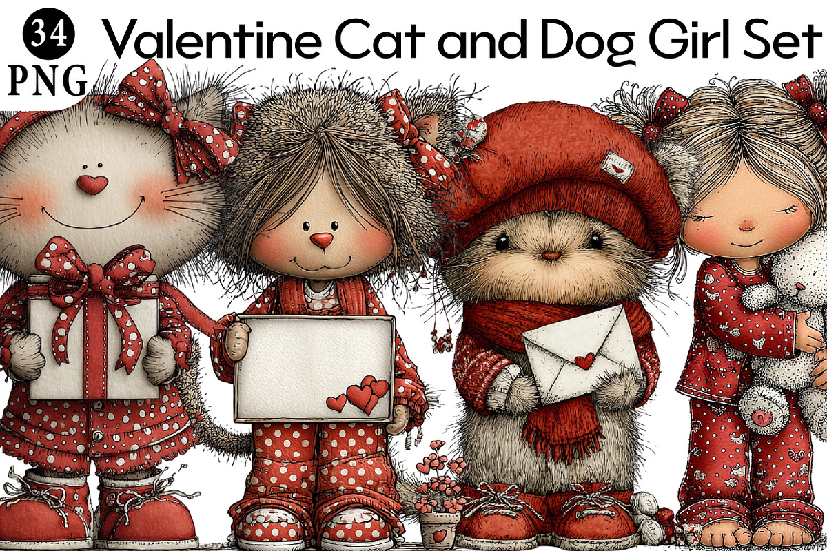 Valentine Cat and Dog Girl Set, an Illustration by Daily.Designs (Photo 1 of 7)