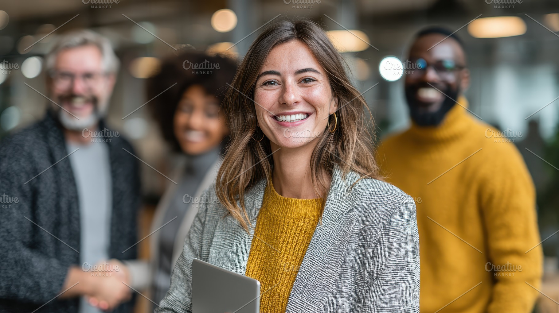 Happy businesswoman smiling with col, a Photo by Pixeness Studio