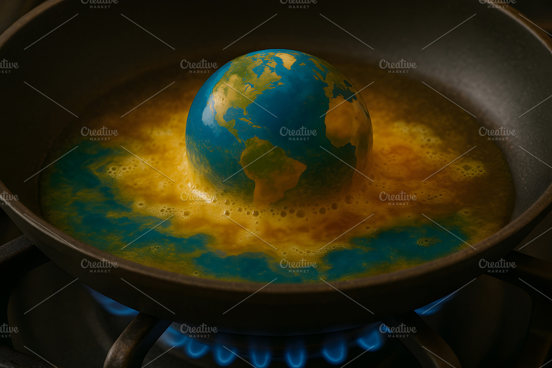 Planet Earth boiling violently in frying pan on flames, a Background Photo by GoodGoods
