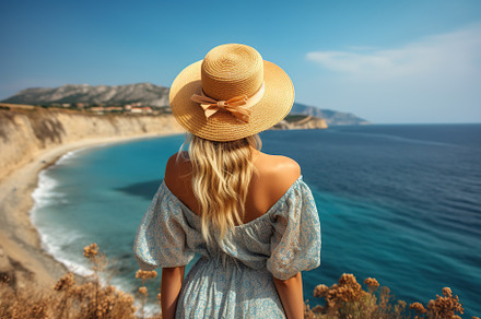 Woman in summer hat looking at the sea. Happy freedom lifestyle. Generative AI, a Person Photo by AlyaAnd