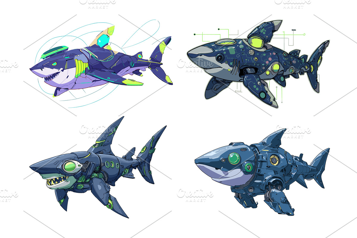 Shark mech cyborg cartoon vector set, an Animal Illustration by Onyx