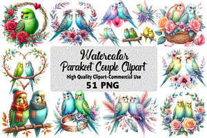 Watercolor Parakeet Couple Clipart, an Illustration by Daily.Designs
