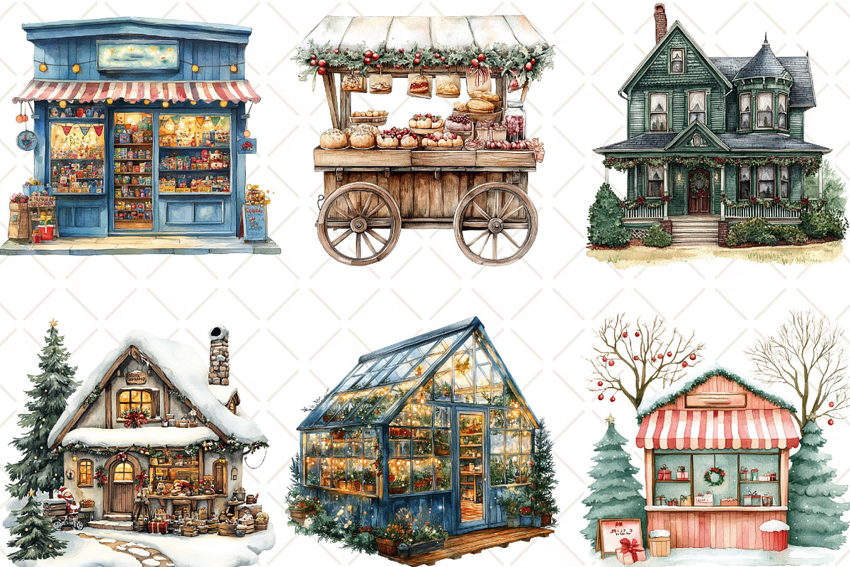 Watercolor Christmas Village Clipart, an Illustration by Black Bird Studio (Photo 2 of 6)