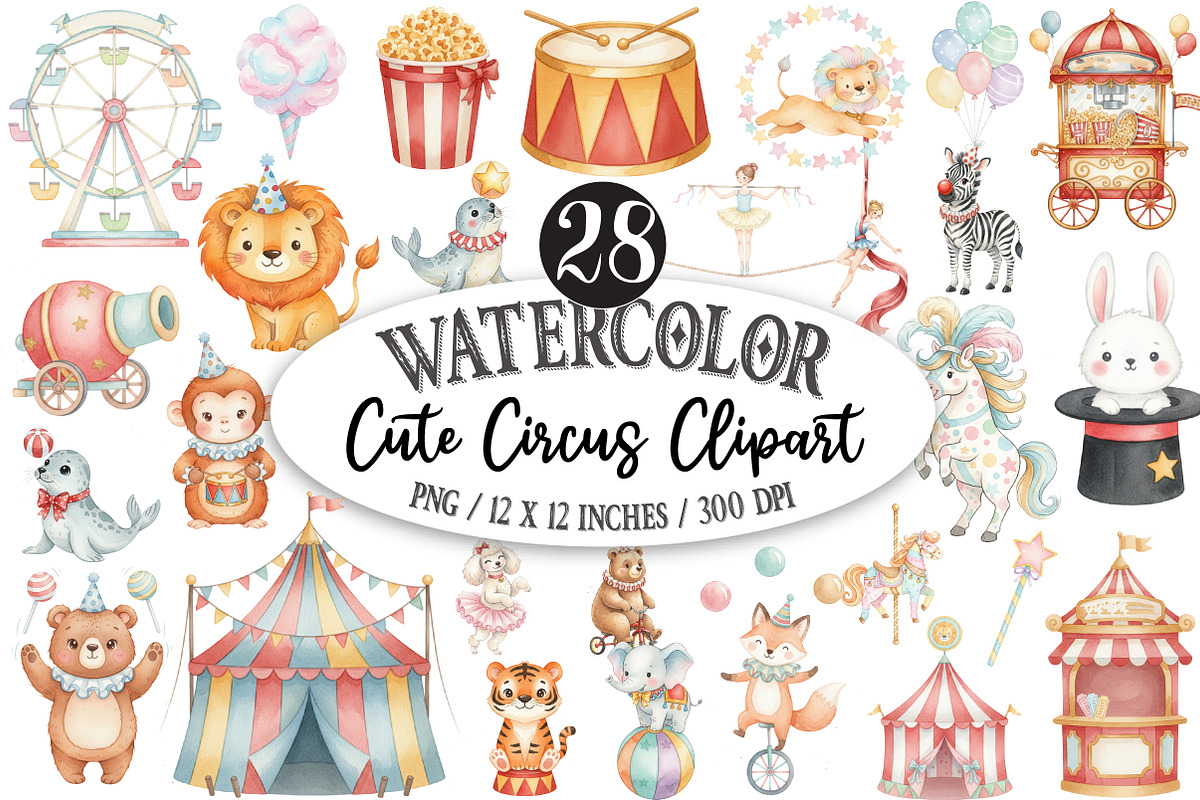 Watercolor Cute Circus Clipart, an Illustration by Designking (Photo 1 of 5)