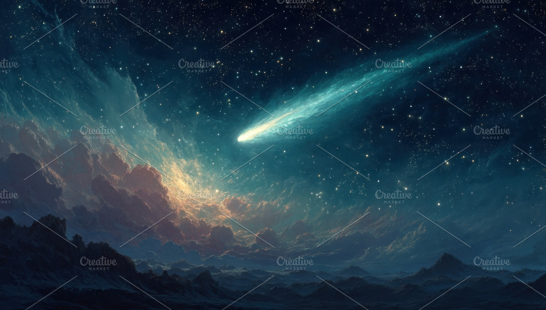 Radiant comet streaks across star filled sky above surreal alien, a Background Photo by José Manuel Gelpi