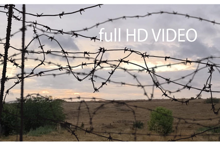 rows of barbed wire against a landsc