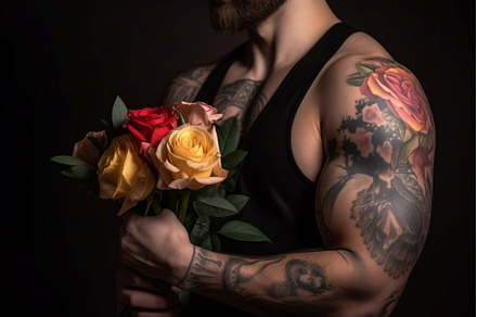 Bodybuilder with roses. Generate AI, a Sports & Recreation Photo by Ylivdesign