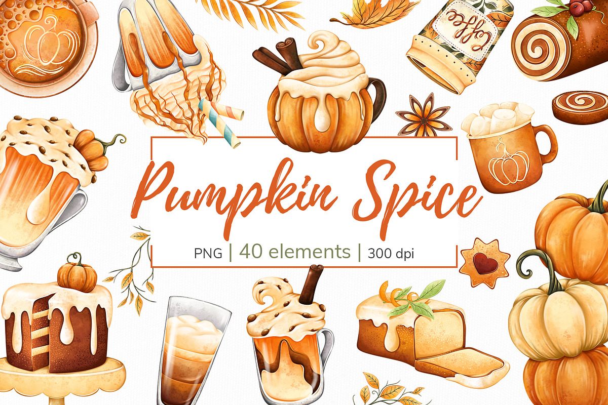 Watercolor Pumpkin spice Clipart PNG, a Food Illustration by Mespilia (Photo 1 of 5)