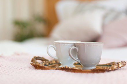 Two cups of coffee on a tray breakfast in bed stock photo containing morning, a Food & Drink Photo by Polinabelphoto