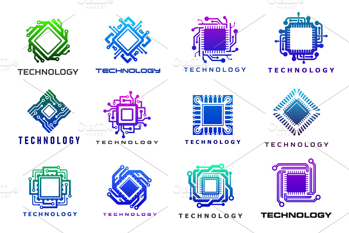 Computer chip circuit icons, a Technology Illustration by Vector Tradition