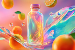 Colorful water bottle with fruits and bubbles, an Abstract Photo by AlyaAnd