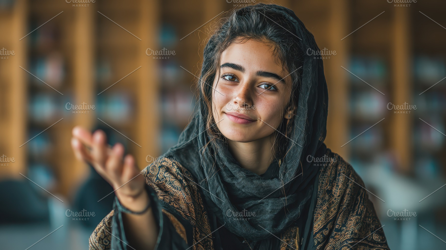 Young woman in headscarf inviting ge, a Photo by Pixeness Studio