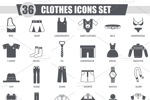 36 Clothes Black Icons Set.