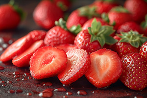 Freshly sliced strawberries glisten with droplets, showcasing th, a Food & Drink Photo by ImageMir