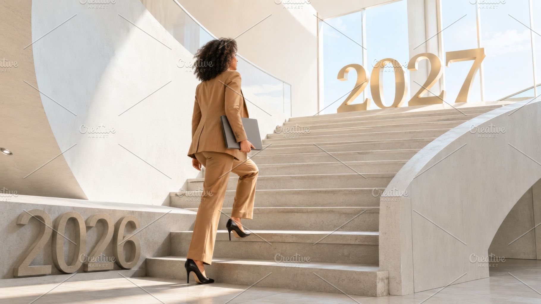 Woman in business attire walking ups, a Photo by Dvoevnore photos