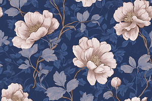 Seamless floral pattern with blooming peonies and detailed leaves on a deep blu, a Photo by Studio ANNA