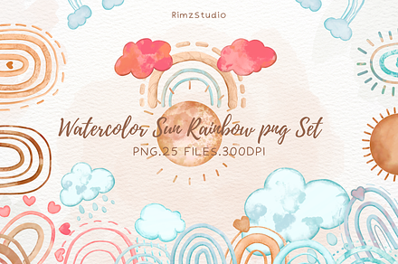 Watercolor Sun Rainbow png Set
