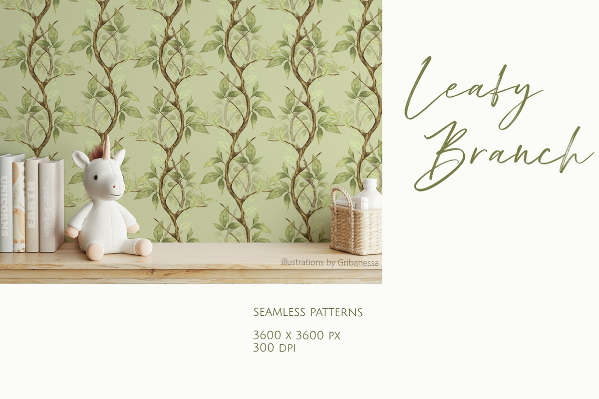 Green leafy seamless patterns, a Decorative Illustration by Gribanessa (Photo 2 of 5)