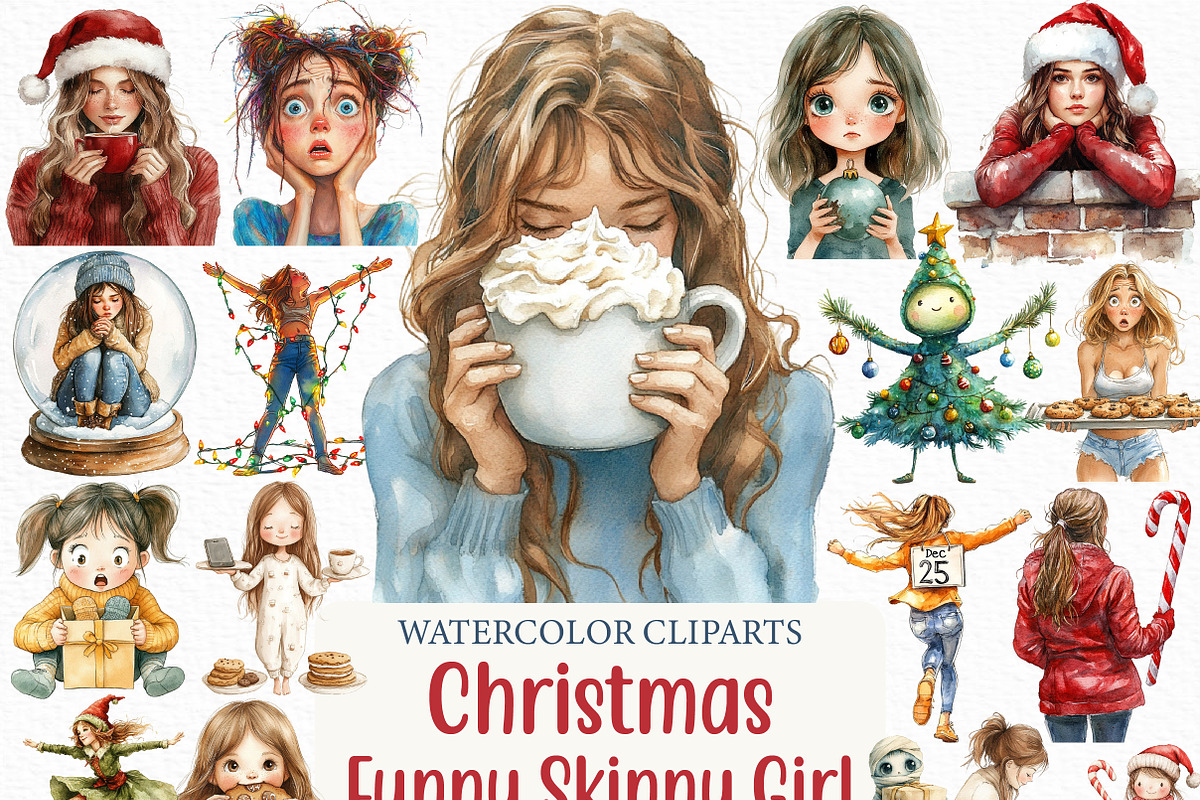 Christmas Funny Skinny Girl Clipart, an Illustration by Craft Nest (Photo 1 of 6)