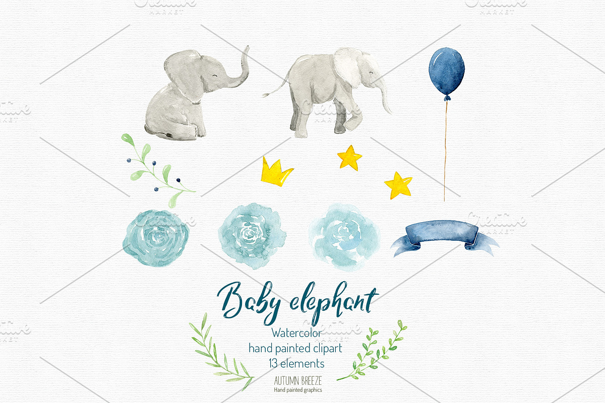 watercolor baby elephant clipart, an Animal Illustration by Autumn Breeze (Photo 3 of 3)