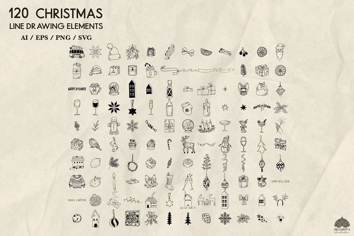 Christmas line drawing set + stamps, an Illustration by Skliarova (Photo 8 of 8)
