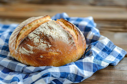 Freshly baked bread with blue napkin on wooden table, a Food & Drink Photo by AlyaAnd