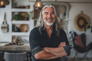 Portrait of mature man with long grey hair standing in living ro, a Person Photo by AlyaAnd