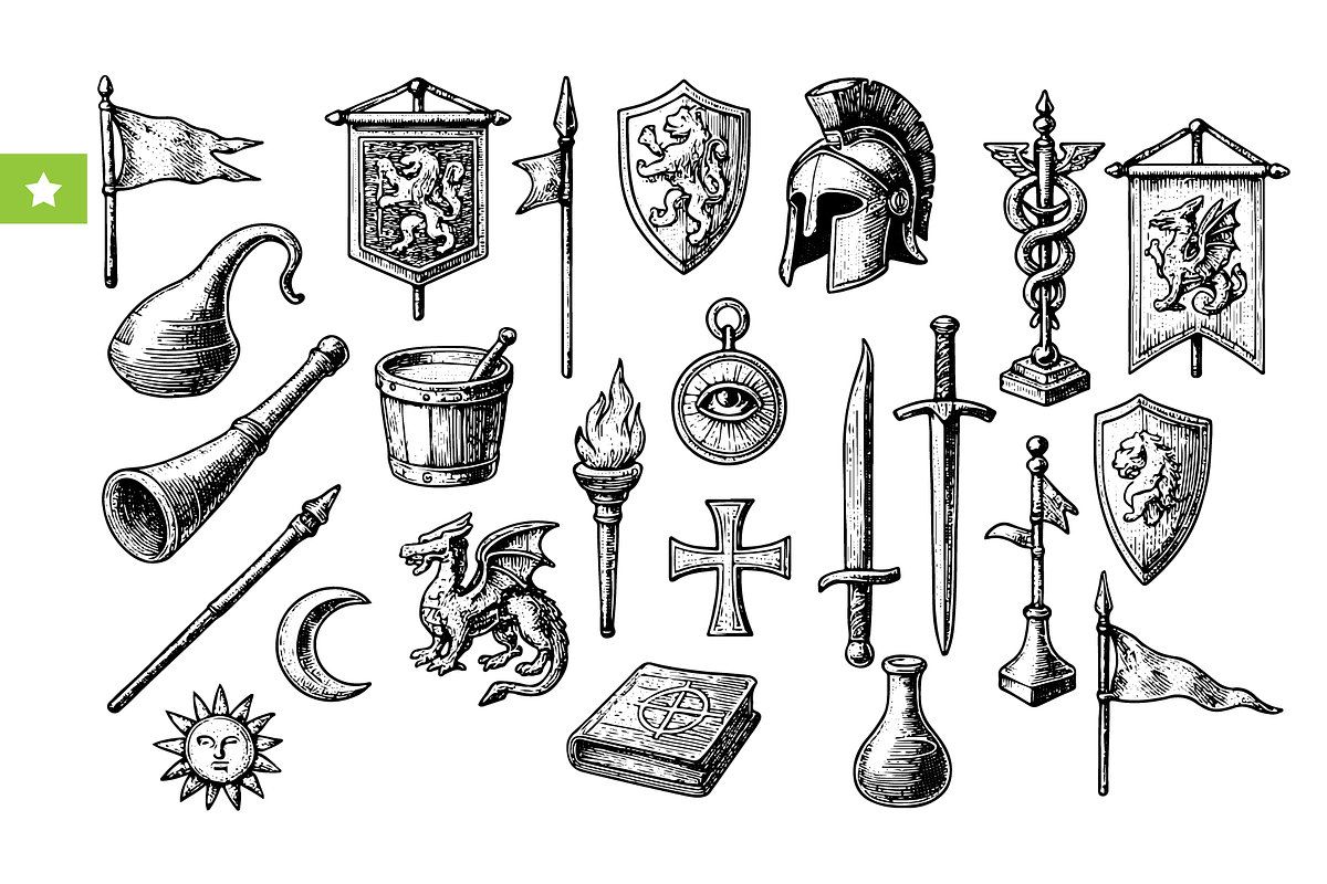 Medieval Fantasy Heraldry & Symbols, an Object Graphic by RT Studio