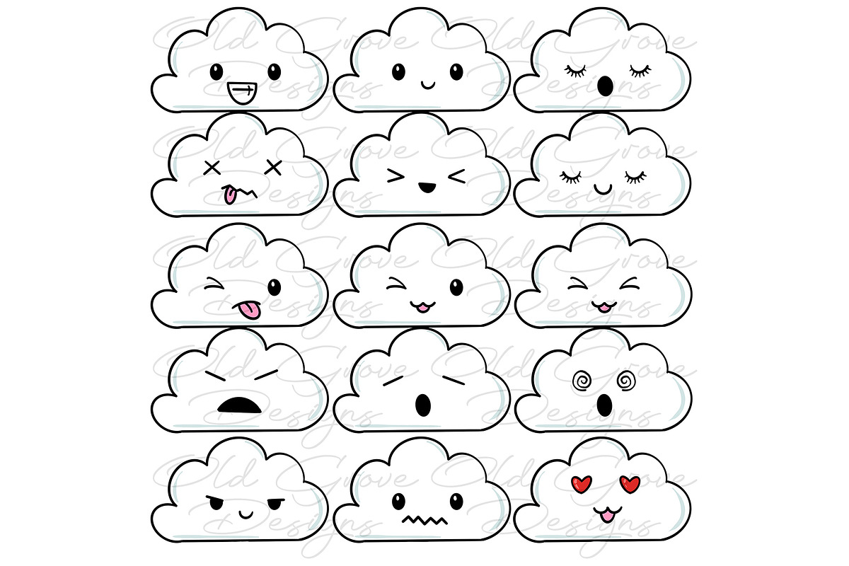 Kawaii Clouds Clipart, an Object Illustration by Old Grove Designs (Photo 2 of 2)