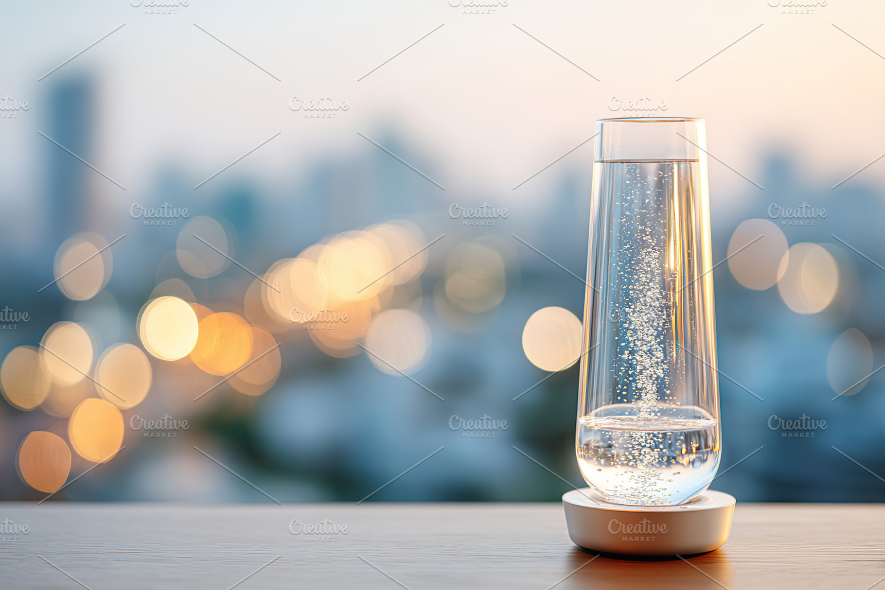 Smart fountain on a tabletop surrounded by a blurred cityscape in evening light, a Photo by AlyaAnd