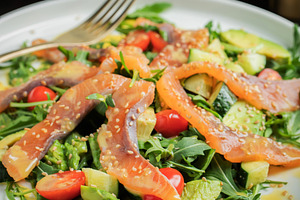 Salad with salted salmon and arugula, a Food & Drink Photo by Budarinphoto