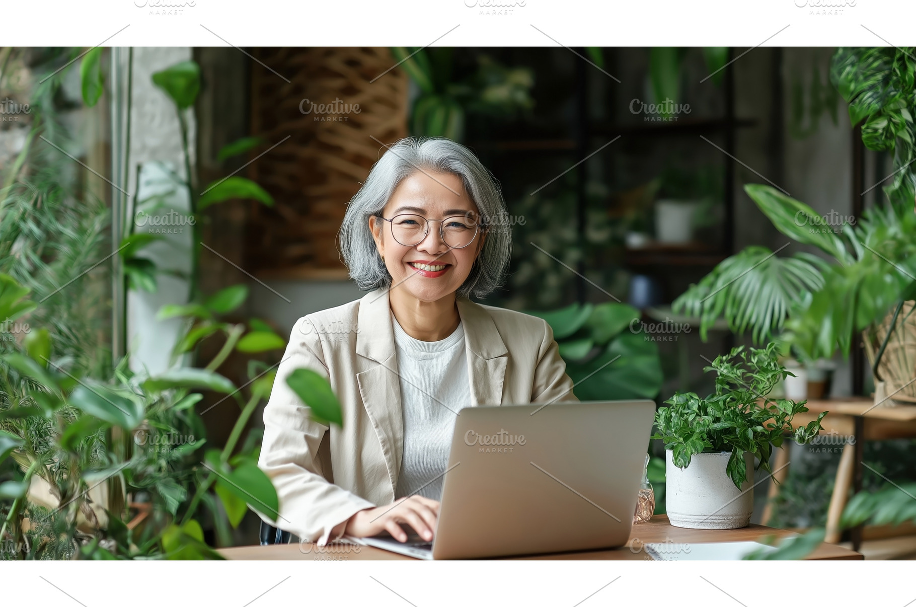 Asian woman with gray hair smiling, a Person Photo by Sergey Kotenev