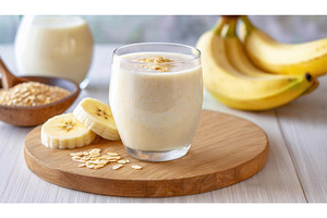 Banana and oat smoothie served with, a Food & Drink Photo by Igor Tichonow
