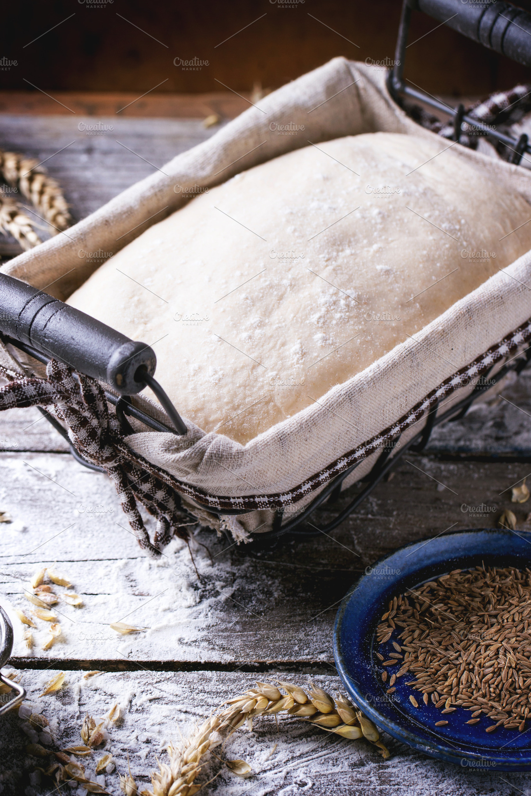 Baking bread containing dough, bread, and flour
