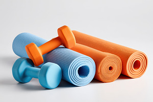 Blue and orange yoga mats with dumbbells, a Sports & Recreation Photo by AlyaAnd