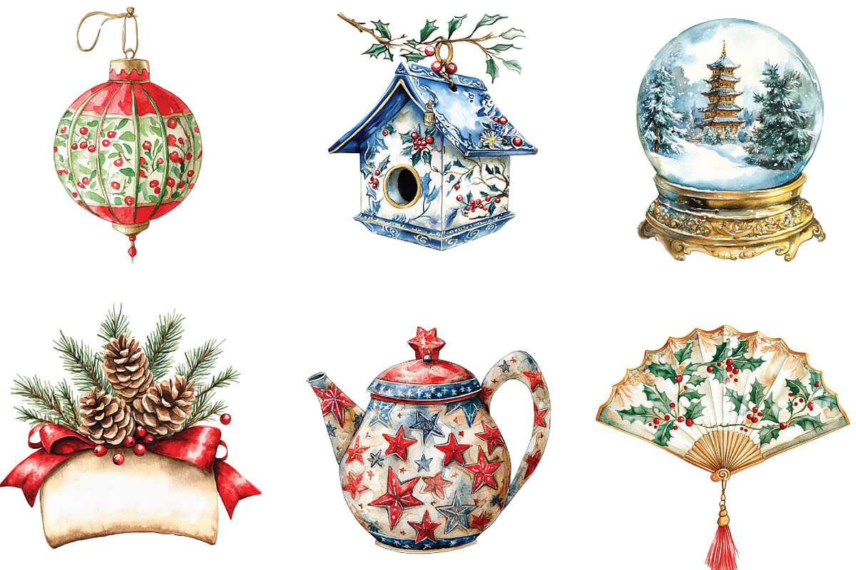 Chinoiserie Christmas Clipart, an Illustration by CraftArtStudio (Photo 2 of 6)