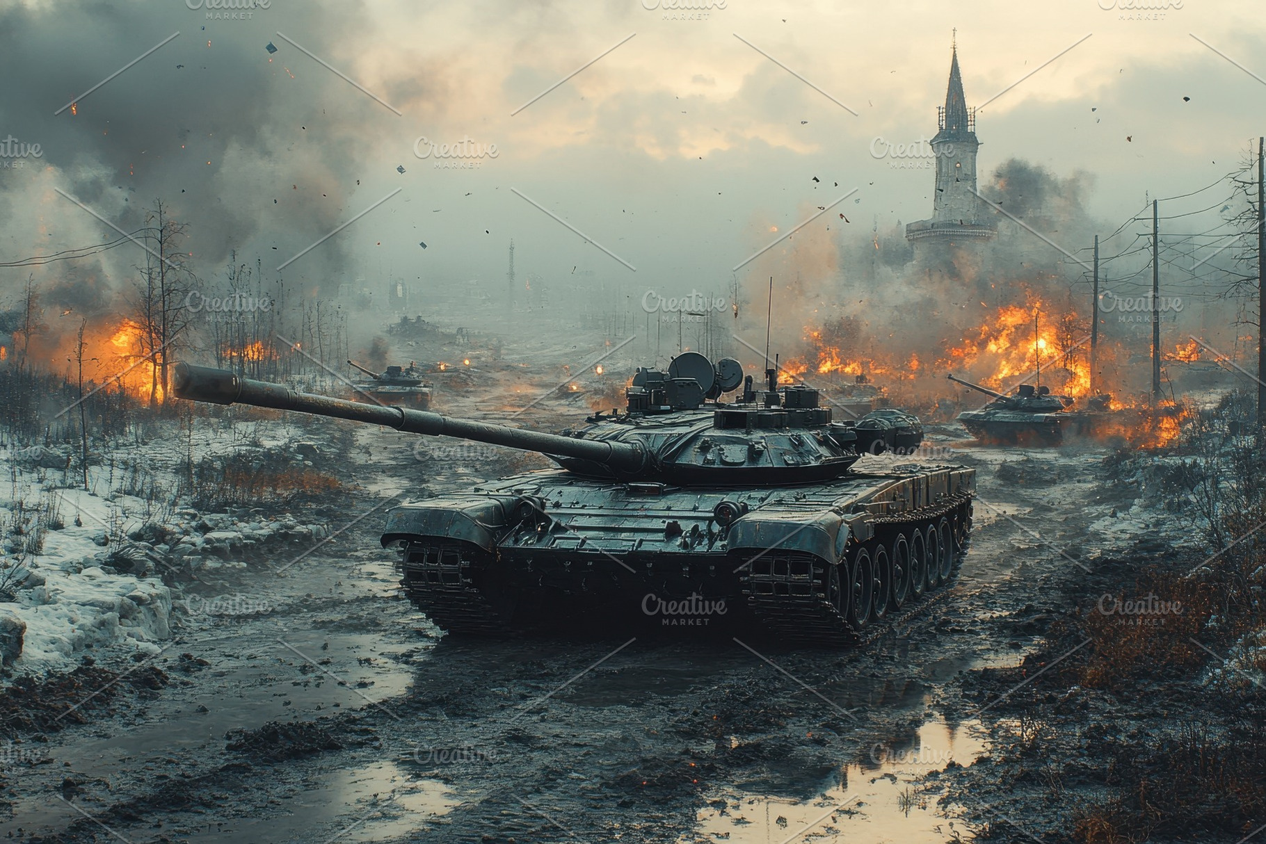 Tanks advance through a war-torn lan, a Photo by Tanuart