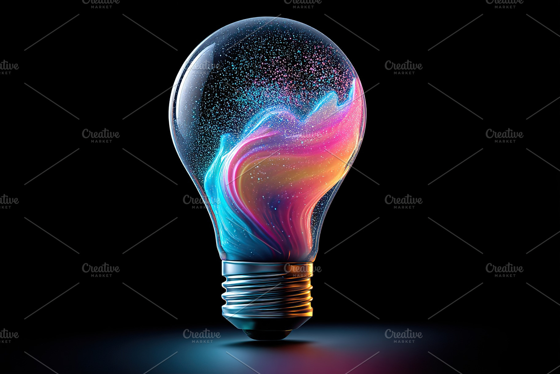 Vibrant light bulb with colorful swirls illuminating a dark background, a Business Photo by AlyaAnd