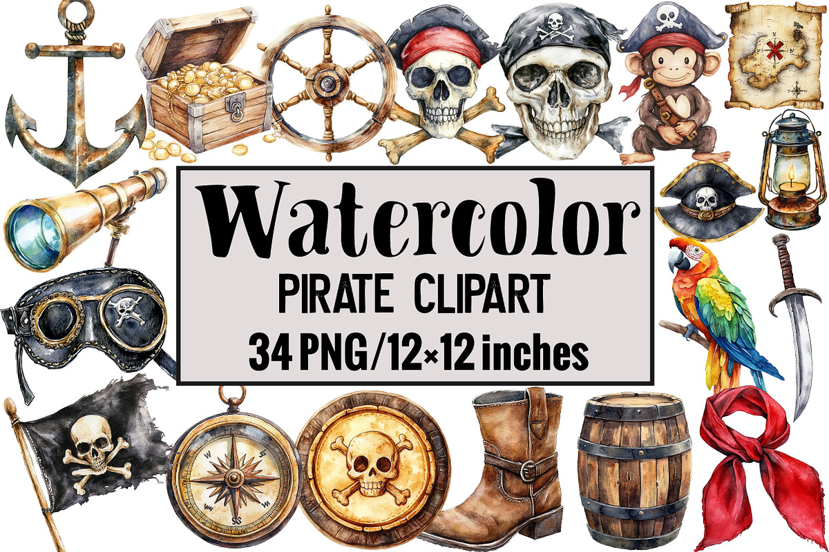 Watercolor Pirate Clipart, an Illustration by Design Market (Photo 1 of 3)