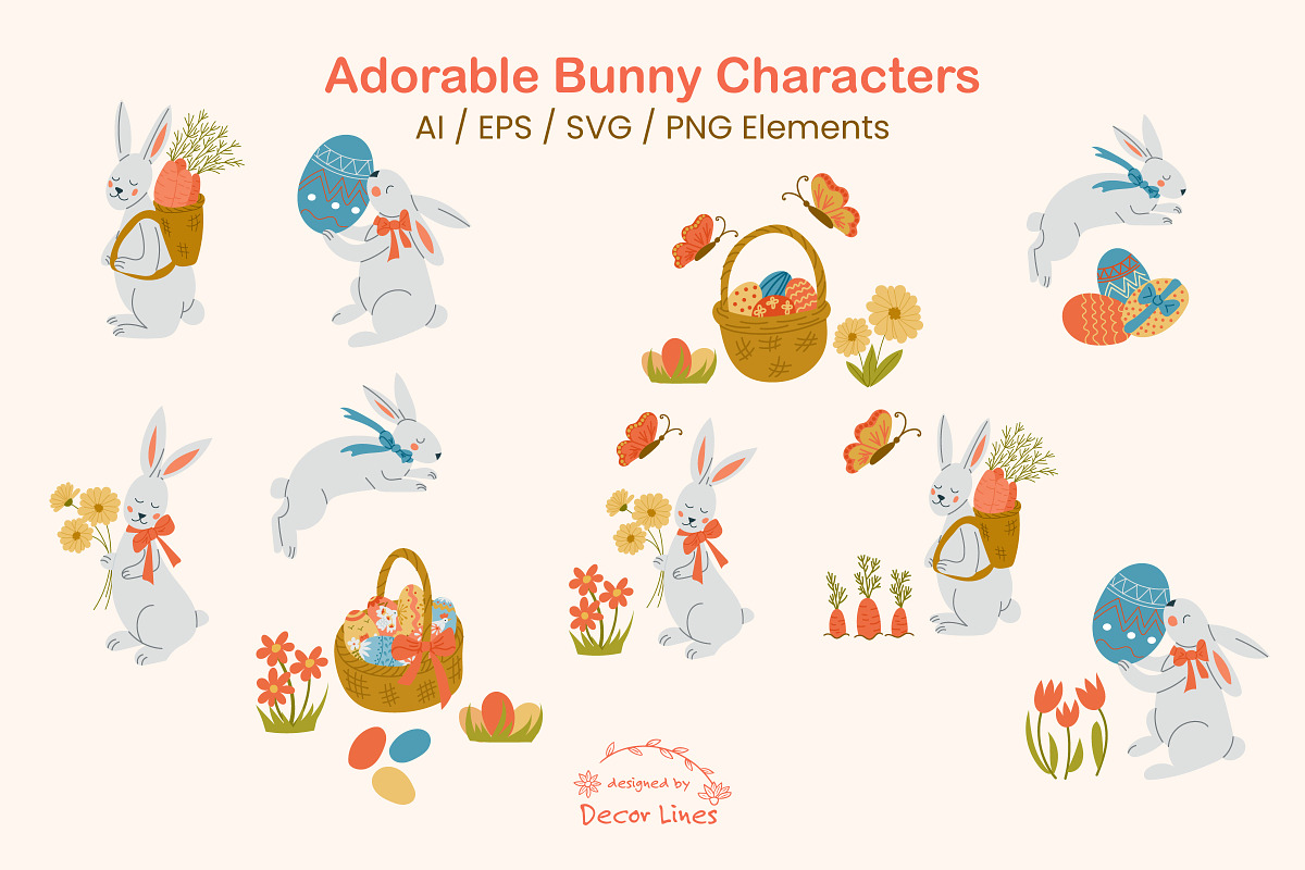 Cute Easter Bunny & Eggs Clipart, a Seasonal Illustration by Decor Lines (Photo 3 of 9)