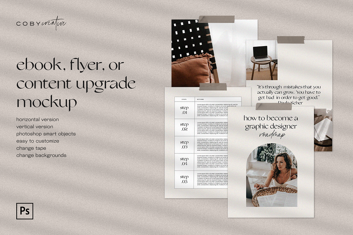 ebook, flyer, and mood board mockup, a Books & Magazine Mockup by 89 Golden Blvd (Photo 1 of 4)