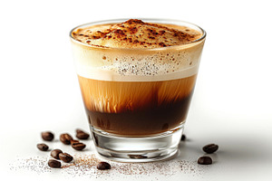 Glass cup of espresso with creamy froth on white background, a Photo by AS photostudio