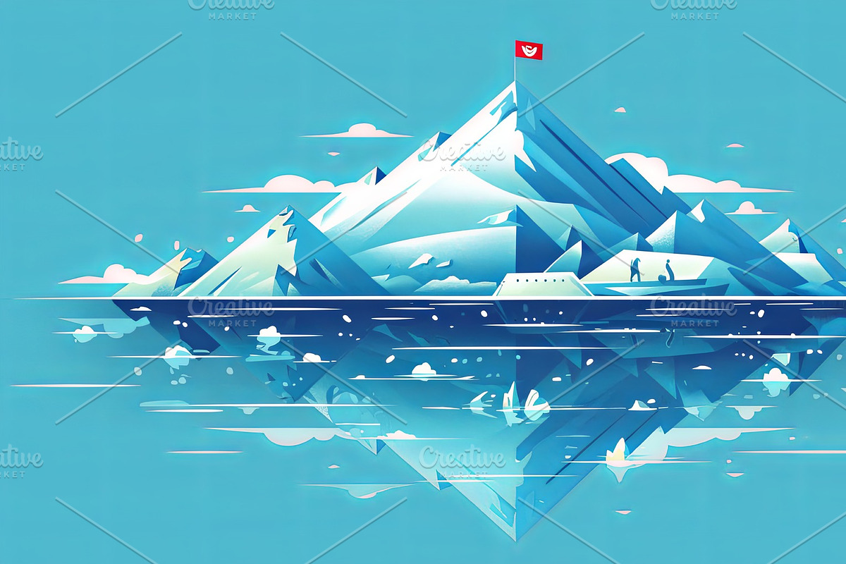 Majestic ice mountain mirrored on calm waters with vivid sky, an Illustration by AS photostudio