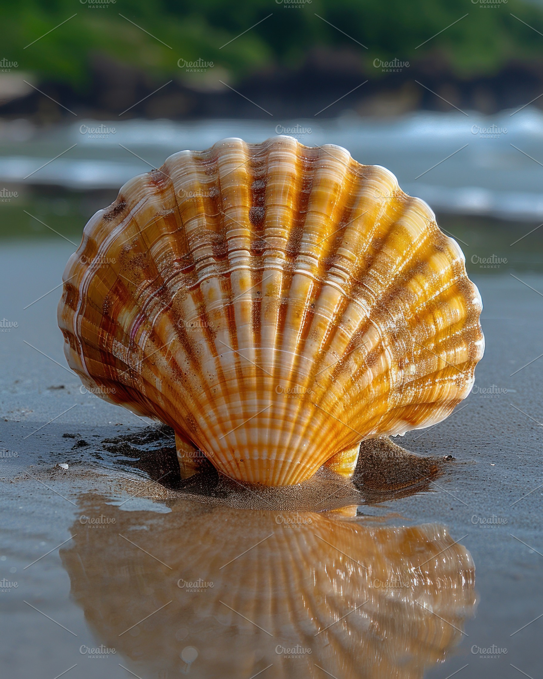 Bright seashell with golden stripes standing in wet sand reflect, a Photo by José Manuel Gelpi