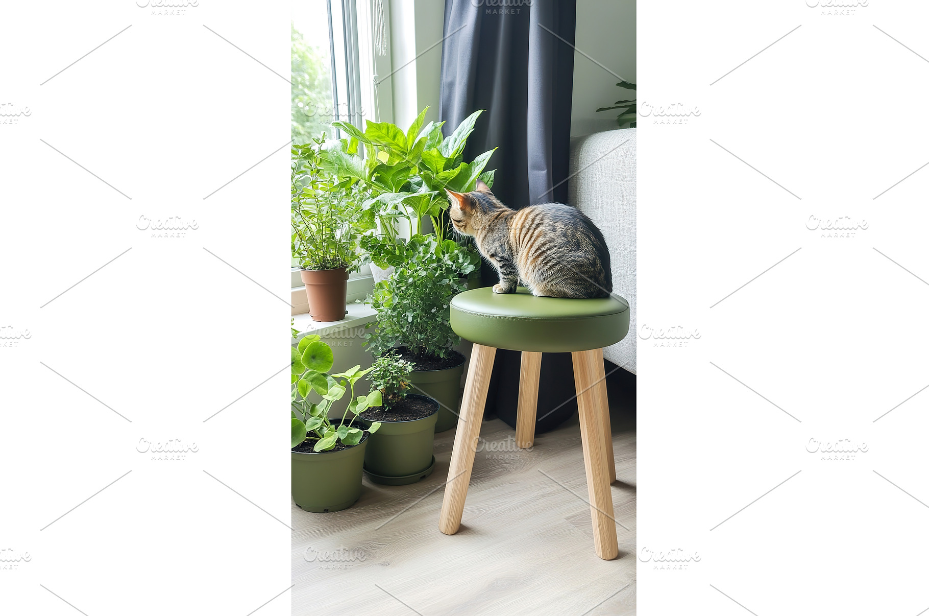 Cat observing indoor plants on green, an Architecture Photo by Lermont51