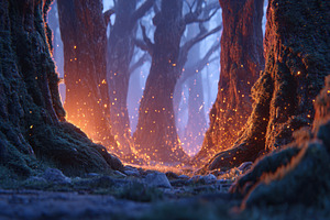 Mystical forest with glowing particles and fog, a Nature Photo by AlyaAnd